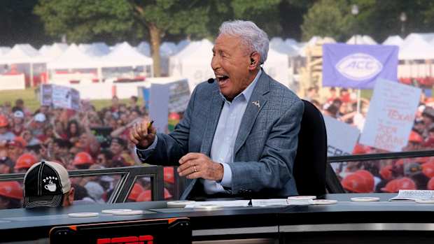 College GameDay was on campus at the University of Alabama for the matchup between the Alabama Crimson Tide and the Texas Longhorns Saturday, Sept. 9, 2023. Lee Corso laughs on set during the show.  